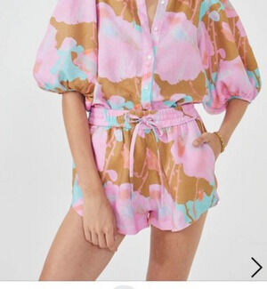 Lanhtropy Women’s linen shorts Sz M New Aquarela Elastic Pink Blue Beach Coastal